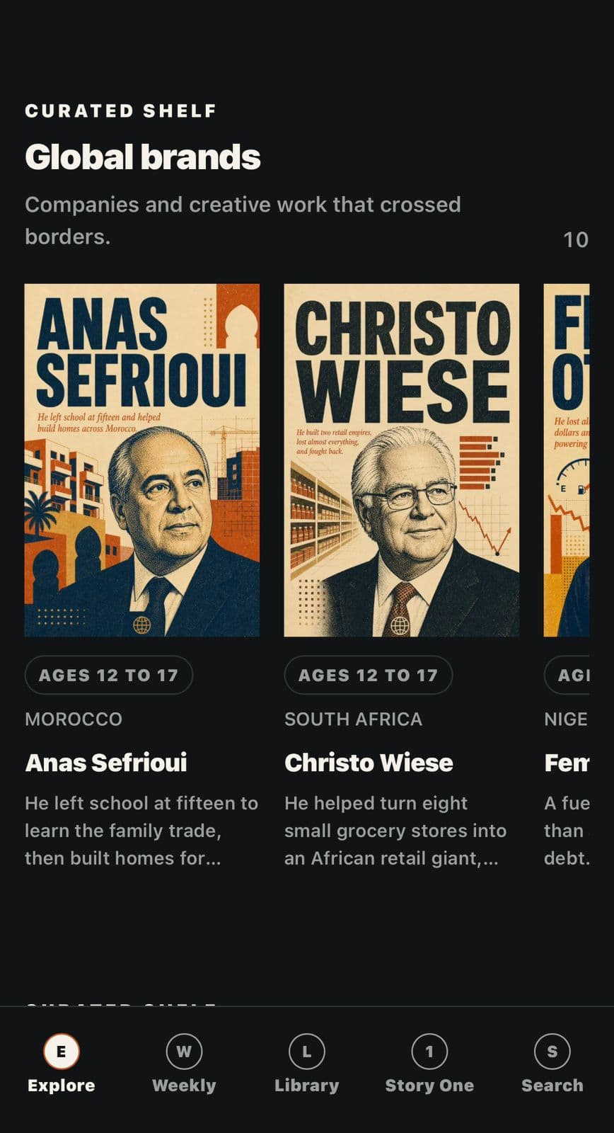 The GloMilBil app open on its Explore screen, showing a shelf of poster covers for the stories, each with the person's name and country under it.