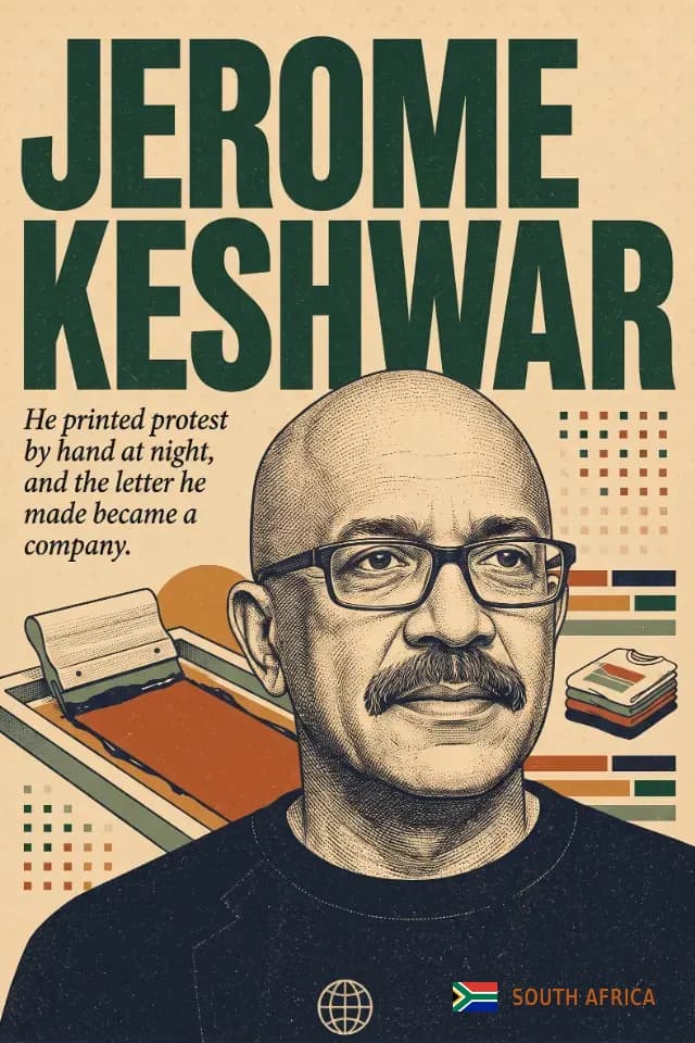An engraved portrait of a bald man with a moustache and dark rimmed glasses, wearing a black top, his name printed above him in tall condensed forest green capitals. A screen printing screen and squeegee lie to his left and a stack of folded printed shirts sits to his right, on a cream ground scattered with small squares of green and orange. A small globe mark sits at the foot, beside the South African flag and the words SOUTH AFRICA.